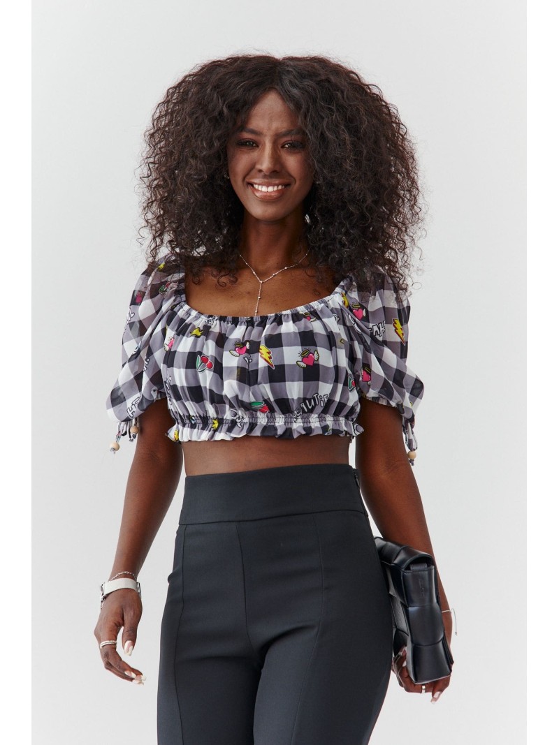 Checkered summer top with short sleeves, black 02050 - Online store - Boutique